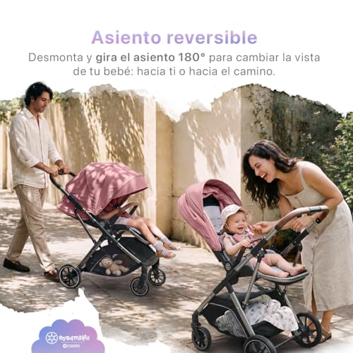 ESQUIMAL Carriola para Bebé Easy Prime Asiento Reversible Bidireccional, Plegado Semiautomático una mano, Compacta, Ligera, Reclinable 3 posiciones, Ruedas con Suspensión, 0 a 36 meses (Rosa)