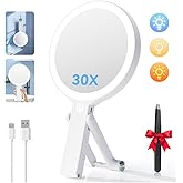 Auxmir Travel Makeup Mirror with Lights, Double Sided 30X/1X Lighted Magnifying Mirror, Portable Handheld Mirror with 3 Color Lighting & Adjustable Brightness, 3 in 1 Tabletop/Handheld/Hanging