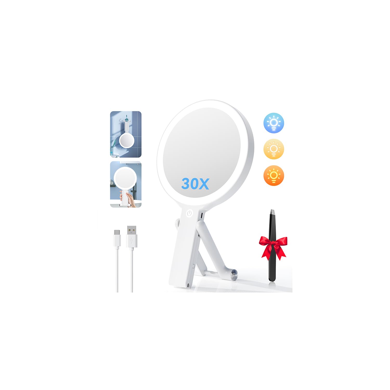 Photo 1 of Auxmir Travel Makeup Mirror with Lights, Double Sided 30X/1X Lighted Magnifying Mirror, Portable Handheld Mirror with 3 Color Lighting & Adjustable Brightness, 3 in 1 Tabletop/Handheld/Hanging