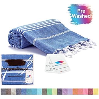 realgrandbazaar Pestemal Turkish Towel%100 Cotton - Pre Washed, More Softly 39 x 69 Peshtemal, Beach, Bath, Spa, Hammam, Super Soft Towels (Azure)