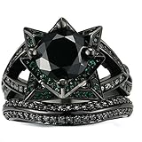 JAJAFOOK Personality Vintage Women's Black Gold Rose with Green Black Diamond Wedding Band Rings Set