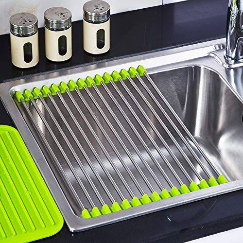 Rollable Dish Drying Rack, Holoras 2Pcs Foldable Stainless Steel Over the Sink Dryer Multipurpose Kitchen Drainer Drying Mat for Fruits Vegetables