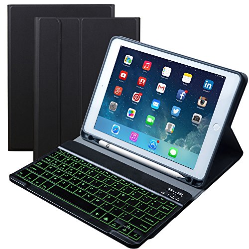 Eoso 7 Color Backlit Keyboard case for New 2018 2017 iPad Pro 9.7 iPad Air 1, 2 with Detachable Quiet Slim Leather Folio Cover Built-in Pencil Holder(Black)
