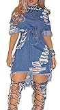 Farktop Women Sexy Short Sleeve BF Style Ripped Distressed Hole Party Clubwear Denim Dress Blue XXL