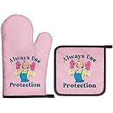 Gkodw Always Use Protection Oven Mitts and Pot Holders Sets, Funny Retro Kitchen Oven Mitts for Baker, Housewarming Gifts for Foodies Housewives Baker Lover, Hostess Gifts for Mom, Baking Present