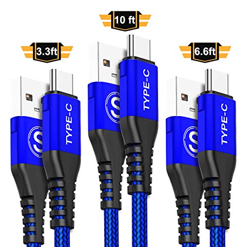 USB Type C Cable,Sweguard 3-Pack (3.3ft+6.6ft+10ft) USB A to USB-C Fast Charging Nylon Braided Cord for Samsung Galaxy A8S S8 S9 S10 Plus Note 9 8,Google Pixel 2 3 XL,LG G7 G8 V30,Moto Z3 Z4 (Blue)