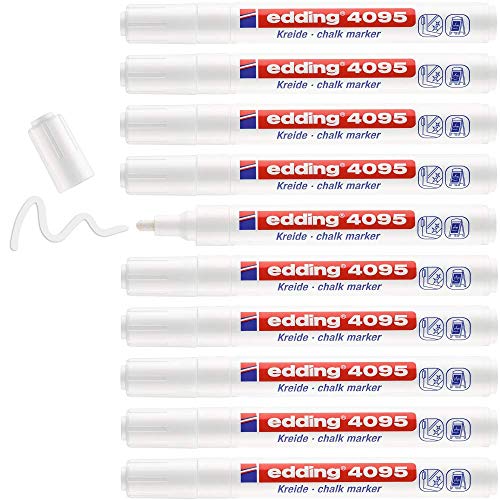 edding 4095 Kreidemarker - weiss - 10 Kreidestifte - Rundspitze 2-3 mm - Kreidestift fuer Tafel abwischbar - zum Beschriften von Fenster, Glas, Spiegel - Tafelstift mit deckenden Farben