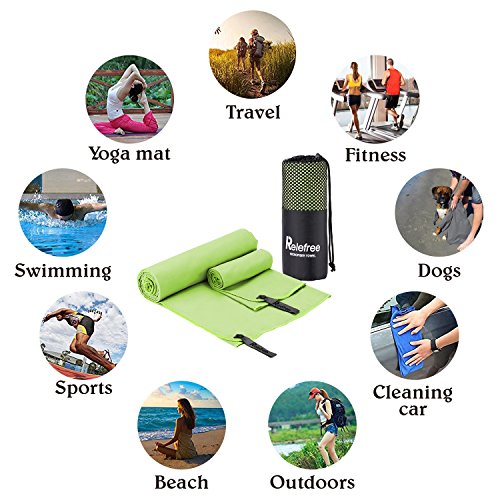 Relefree Premium Microfiber Towel for Travel, Sports & Outdoors FREE Hand/Face Towel & Mesh BAG, Antibacterial Quick-dry (Green)
