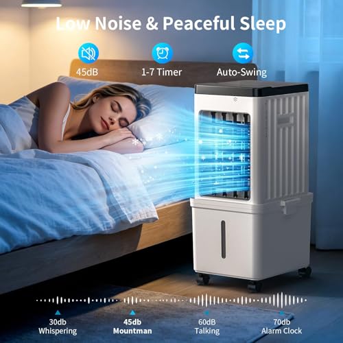 Portable Air Conditioner, Evaporative Air Cooler Fan with 10L Removable Water Tank, 3-in-1 Quiet Cooling with 4 Ice Packs & Timer, Low Noise Swamp Cooler for Home Bedroom Office