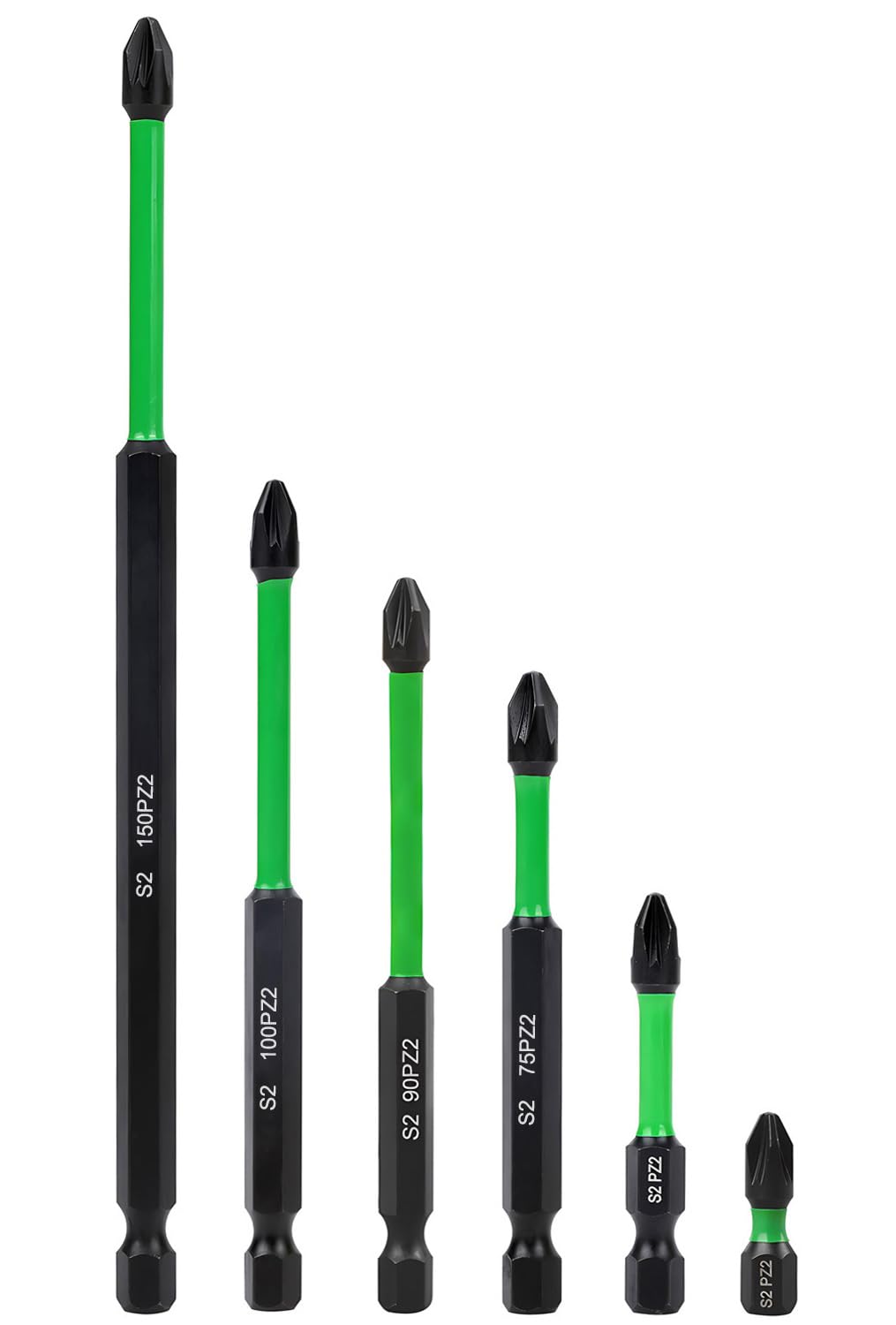 Saipor 6-Piece PZ2 Magnetic Impact Screwdriver Driver Bits Set, POZI No.2 Screw Driver Drill Bits, S2 Steel Pozidriv Screwdriver Bit Set, 1/4 Inch Hex Shank Impact Driver Bit, Long 25 mm - 150 mm