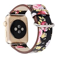 YOSWAN Flower Design Strap for iWatch,38mm 42mm Floral Pattern Printed Leather Wrist Band Apple Watch Link Bracelet for Apple Watch Smartwatch Fitness Tracker Series 3 2 1 Version (Black+ Pink, 38mm)