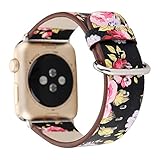 YOSWAN Flower Design Strap for iWatch,38mm 42mm Floral Pattern Printed Leather Wrist Band Apple Watch Link Bracelet for Apple Watch Smartwatch Fitness Tracker Series 3 2 1 Version (Black+ Pink 42mm)