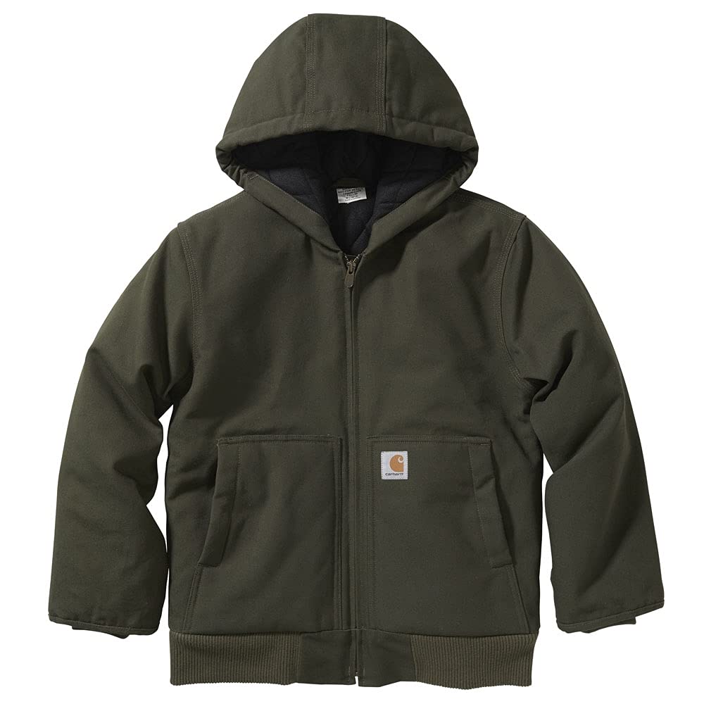 Carhartt Boys' Flannel-Lined Hooded Canvas Insulated Zip-Up Jacket, Olive, XX-Small (4/5) Image