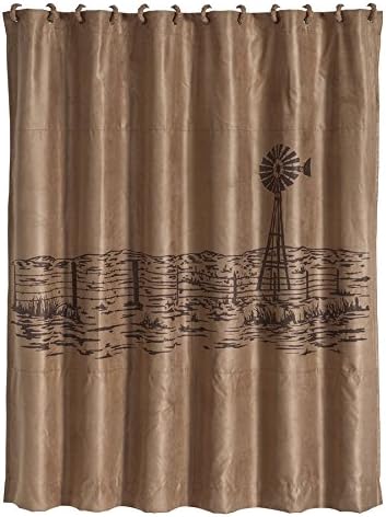 HiEnd Accents Jasper Country Faux Suede Windmill Landscape Shower Curtain & Rings Bath Set, 72" x 72", Mocha