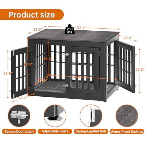 38" Heavy Duty Dog Crate Furniture for Small,Medium and Large Dogs,Rustic Wooden Dog Cage Kennel Indoor Furniture with Waterproof Top,Decorative Pet House Side End Table (Black & Grey)