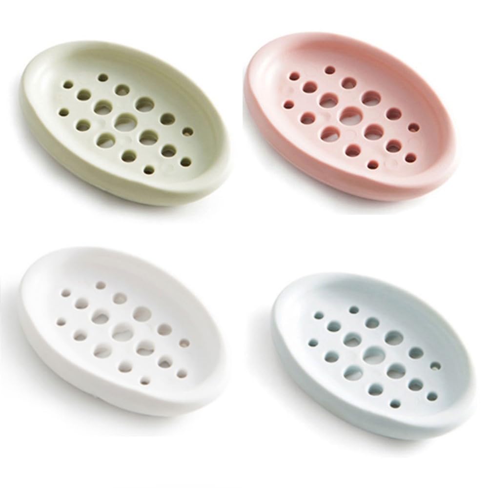 SEIWEI 4PCS Soap Dish, Green&Blue&White&Pink Soap Holder Silicone Soap Case Drain Clothes Brush Soap Dish for Bathroom Kitchen Counter Top Travelling