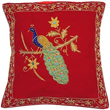 NovaHaat Red Velvet 100% Hand Embroidered Decorative Indian Toss Throw Accent Pillows Cushion COVER with incredible Peacock motif in Gold Metallic Dabka work embroidery, from Uttar Pradesh in North In