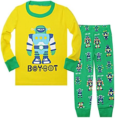 Robot Boys Pajamas, 100% Cotton Toddler Sleepwear Clothes T Shirt Pants Set for Kids Size 2-7Years(Yellow 4T)