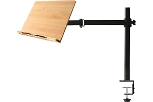 wishacc Bamboo Book Stand Height Adjustable with Clamp, Table Side Cookbook Rest - Desktop Reading Mount Holder with Sturdy Page Clips 11 x 8.1 inch