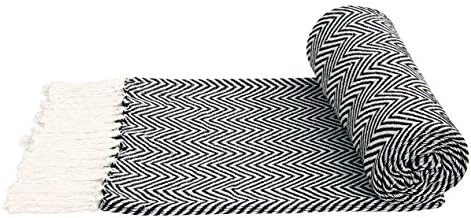 100% Cotton Throw Blanket – Dark Brown Herringbone 50" x 60" Couch Sofa Quilt, Soft Indoor/Outdoor Hand-Knotted Fringes Cotton Throw by Everything RUGS