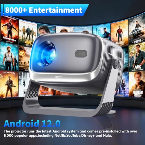 AOC Smart Projector Native 1080P 4K Support, 15000 Lumens, Android 13, WiFi 6 BT 5.2, Auto Focus & Keystone Portable Outdoor Projector, 360° Rotatable Projector with Built-in Apps (Black)