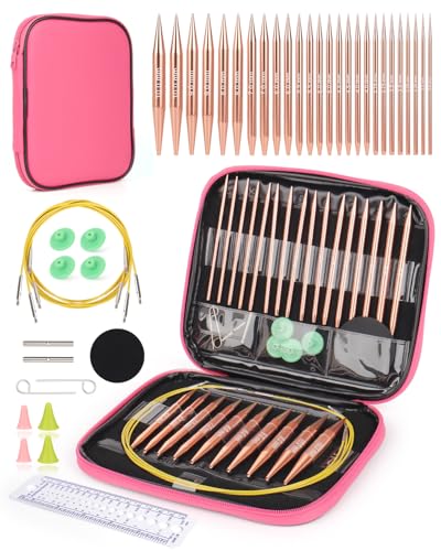 Coopay Interchangeable Aluminum Circular Knitting Needles, 13 Sizes (3mm-10mm), Rose-Gold, Complete Set with Case, Ideal for Beginners & Professionals