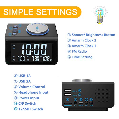 【Upgraded】 Digital Alarm Clock, with FM Radio, Dual USB Charging Ports