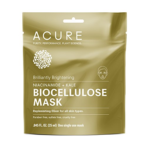 Acure Brilliantly Brightening Biocellulose Gel Mask, Niacinamide and Kale, 5 Count