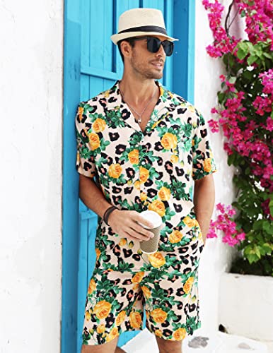 LUCKYOUNG Men's Hawaiian Shirt and Short, Two Piece Vacation Outfits Sets Short Sleeve Shirt Beach Button Down Shirts Suits Yelloworange Large