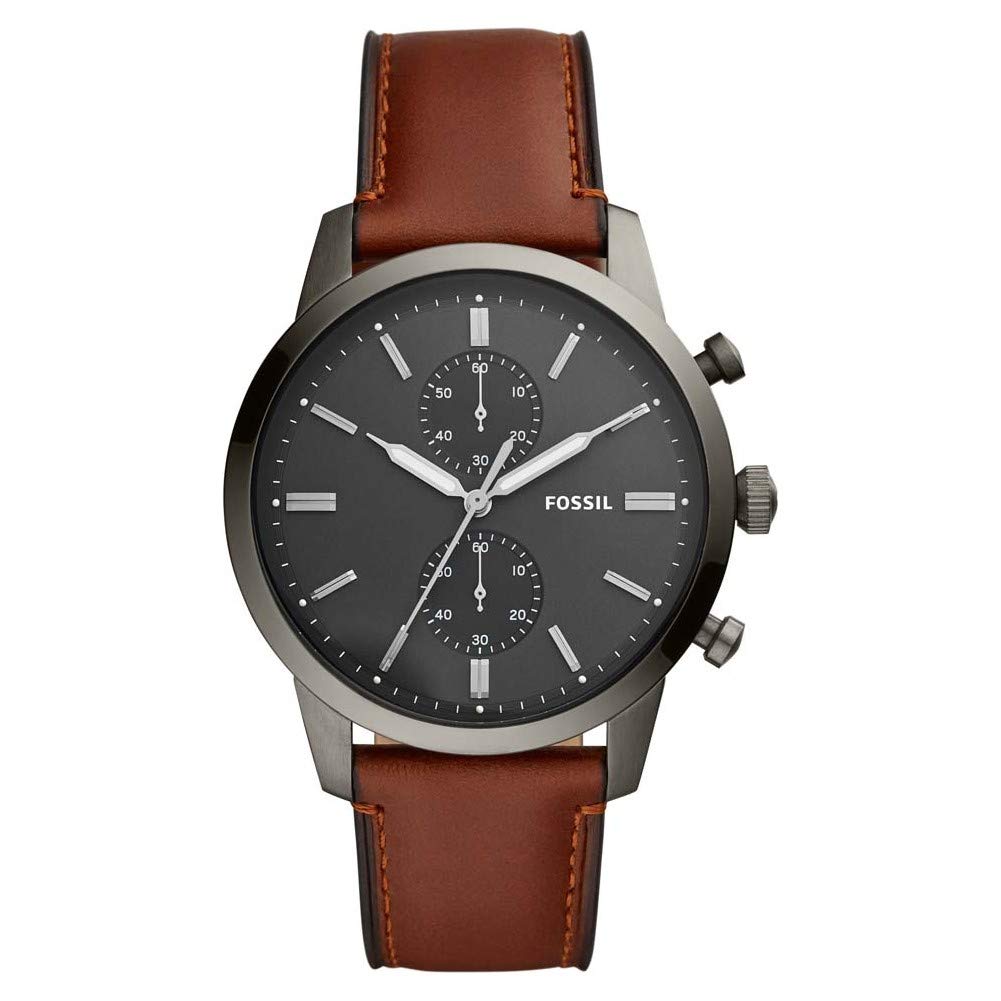 Fossil Watch for Men Townsman, Quartz Chronograph Movement, 44 mm Smoke Stainless Steel Case with a Leather Strap, FS5522