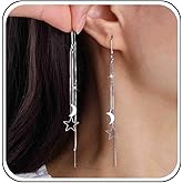 Boho Wedding Dainty Tiny Moon Threader Earrings Silver Hollow Small Star Pull Through Earrings Thread Long Chain Tassel Dangle Stud Cute Simple Line Bar Chain Drop Delicate Minimalist Jewelry Women