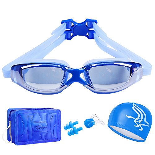 youyou Swimming Gear Set 4 Pack:Swim Cap Mirrored Goggles Swim Bag Ear Plugs for Adults and Young Kids (Blue)