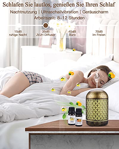 JVJH 300ml Aroma Diffuser, Metall Aromatherapie Diffusor mit 2 x10ml Ätherische Öle Set,Raumbefeuchter Elektrisch Duftlampe,7 Farbe Licht Vintage Diffusor für Home &Office