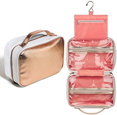 Large Hanging Toiletry Bag Women - Cosmetics Case/ Makeup Organizer with Hook with Clear Compartments by Lily England (Rose Gold) 1 Large Hanging Toiletry Bag Women - Cosmetics Case/ Makeup Organizer with Hook with Clear Compartments by Lily England (Rose Gold)