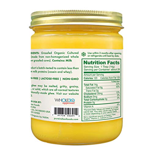 Grassfed Organic Cultured Ghee - by Pure Indian Foods ,14 oz, Pasture Raised, Lactose Free, Gluten-Free, Non-GMO, Paleo, Keto-Friendly, Batch Tested for Casein and Whey