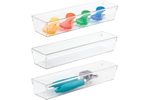 mDesign Kitchen Drawer Organizer for Silverware, Spatulas, Gadgets - Pack of 3, 3" x 12" x 2", Clear