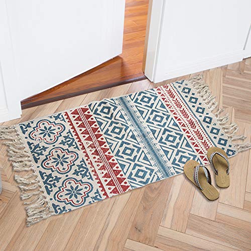 MORROWCAMP Boho Moroccan Geometric Cotton Small Rug 58x88 cm with Tassels, Blue Red Woven Washable Rug, Soft Bedside Rug for Bedroom, Decorative Accent Rug for Entryway, Kitchen Indoor Floor Mat