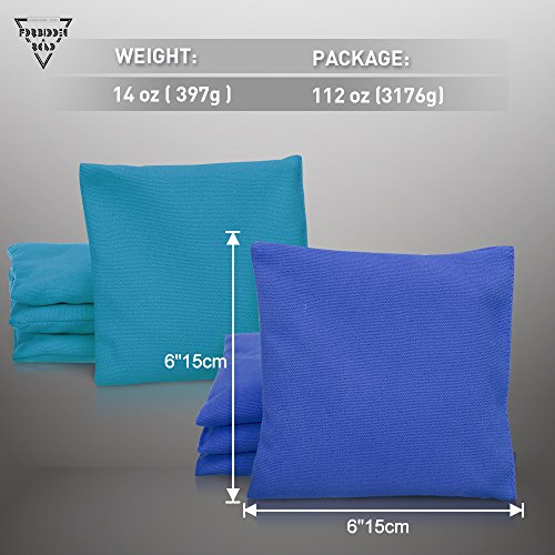 Forbidden Road Cornhole Bag Bean Bags Pack of 8 for Tossing Core Hole Games with Duck Canvas Material Cover and PP Plastic Pellets Inside - Free Carrying Bag Included (Tiffany & Dark Blue, 14OZ)