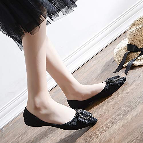 Meeshine Women's Pointy Toe Ballet Flats Comfortable Slip-on Classic Dress Shoes (Classic Buckle-Black US 6)