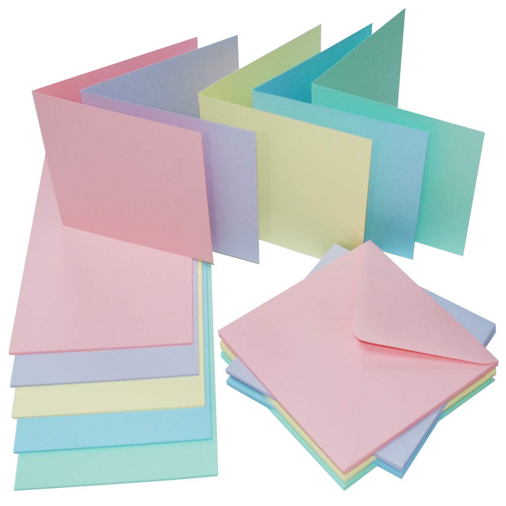 Craft UK, 50 Blank Cards and Envelopes for Card Making, Made in The UK, Lasting Quality, Mixed Pastels, 5 x 5-Inch