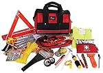 Thrive Roadside Assistance Auto Emergency Kit + First Aid Kit - Rugged Tool Bag - Contains Jumper Cables, tools, Reflective Safety Triangle and more. Ideal winter accessory for your car or truck