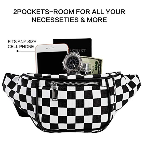Fanny Pack, Waist Fanny Pack PU Leather Bum Bag for Women Men，Waterproof Waist Pack Retro Neon Fanny Bag for Festival, Rave (Black and White Checkerboard) - Thumbnail 2