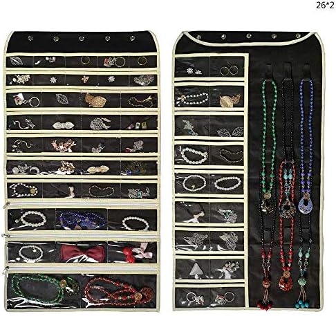Kaifrly Hanging Jewelry Organizer By Revolving Hanger - Secure Zipper Closure - 57 Pockets & 9 Hooks - Foldable Storage & Display Solution Jewelry Black