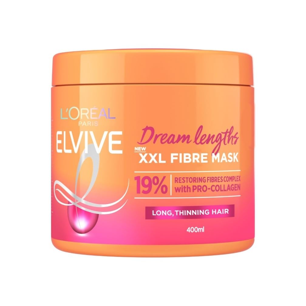 L'Oréal Paris Hair Mask For Thinning Damaged Hair, Elvive Dream Lengths XXL Fibre Mask With Pro-Collagen, Deeply Repairing Treatment For Fuller Healthy-Looking Lengths And Managed Split Ends, 400ml