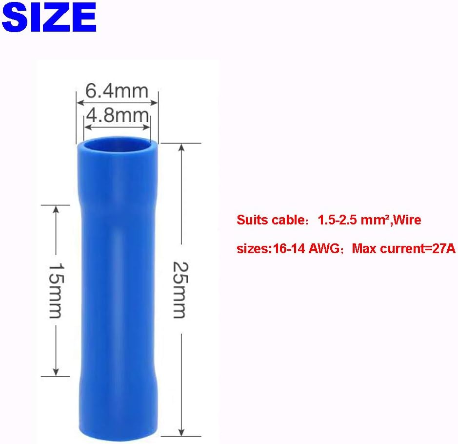 CEEYSEE 100Pcs of Blue Insulated Butt Splice Terminal Butt Splice Electrical Wire Crimp Connectors(PTL), Blue 16-14AWG - Image 3