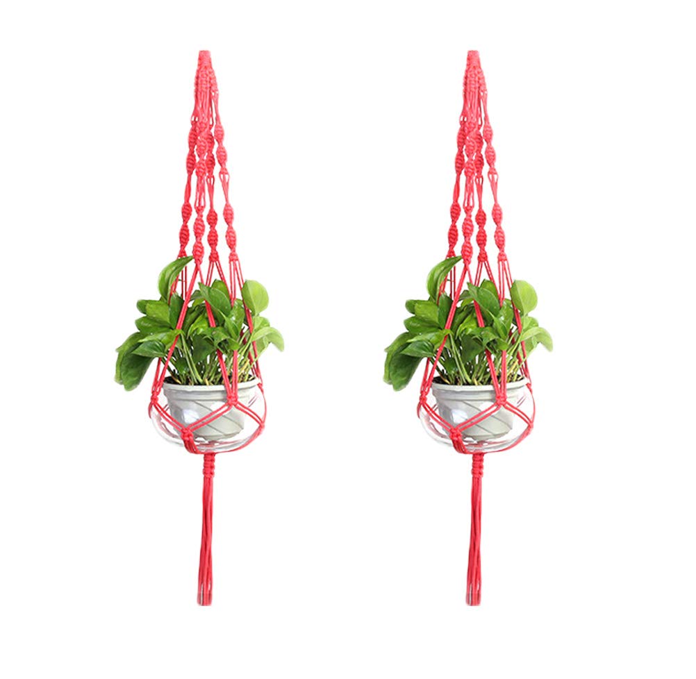 LANGUGU Set of 2 Macrame Plant Hanger Nylon Rope Wall Hanging Planter Basket for Indoor Outdoor Flower Pot Plant Holder Wall Art Vintage-Inspired Home Decor, with Metal Ring 4 Legs 39 inch (Red)