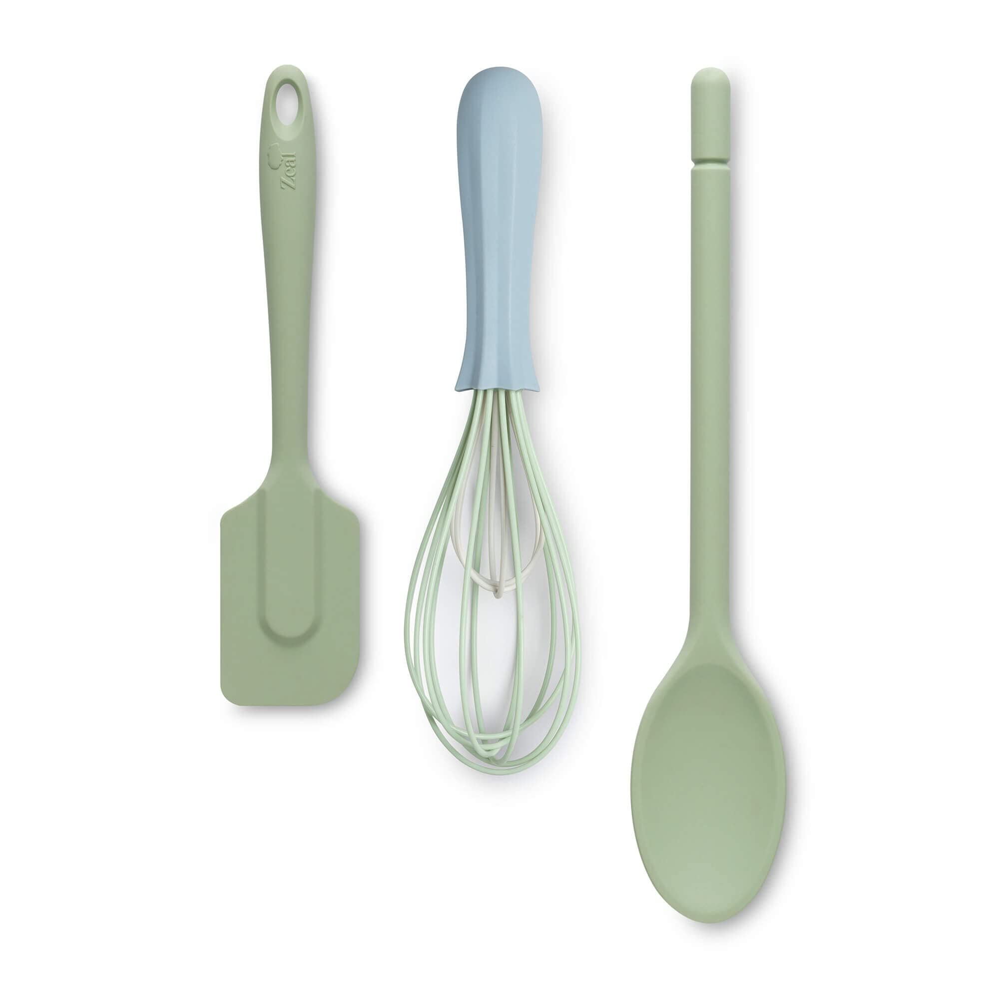 Zeal JSET28G Non-Stick Silicone Cooks Spoon, Whisk & Spatula 3-Piece Set-Sage Green