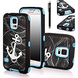 Galaxy S5 Case, E LV Samsung Galaxy S5 Case - Shock-Absorption / High Impact Resistant Bumper Hybrid Dual Layer Armor Defender Full Body Protective Case Cover (Hard Plastic with Soft Silicon) for Galaxy S5 / Galaxy SV / Galaxy S V / Galaxy i9600 with 1 Black Stylus, 1 Screen Protector and 1 E LV Microfiber Sticker Digital Cleaner - Anchor Blue