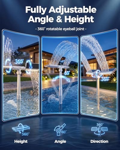 AJOGO Solar Pool Fountain with Lights for Inground & Above Ground Pools — Dual-Powered Rechargeable, 10-Color Dynamic LED Waterfall, 15°F Cooling Aerator (White)
