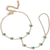 Bohemian Blue Turquoise Hand Chain Ring Bracelet for Women Stainless Steel 18k Gold Plated Dainty Fashion Natural Stone Adjustable Linked Stackable Finger Ring Bracelet Trendy Jewelry